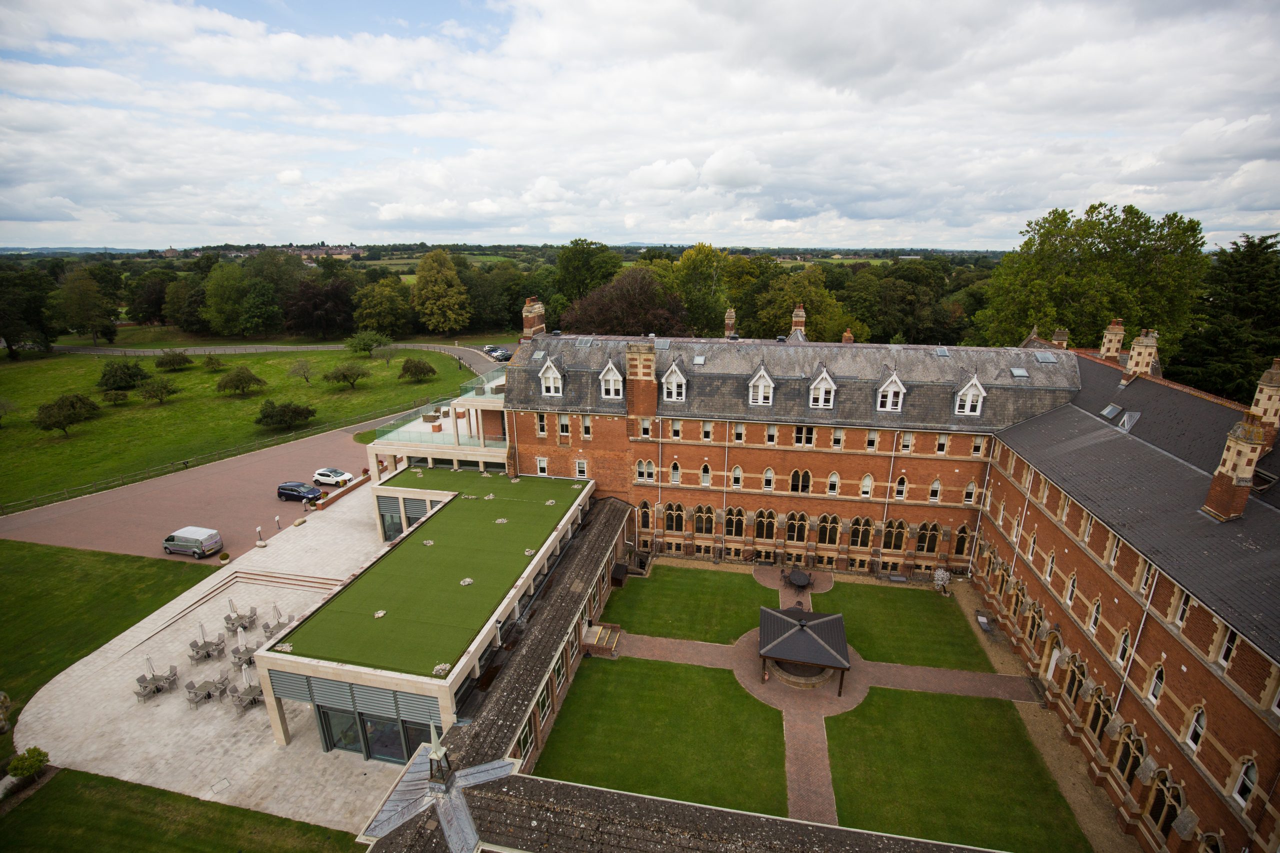 stanbrook abbey wedding venue photographed from the bell tower by still light photography