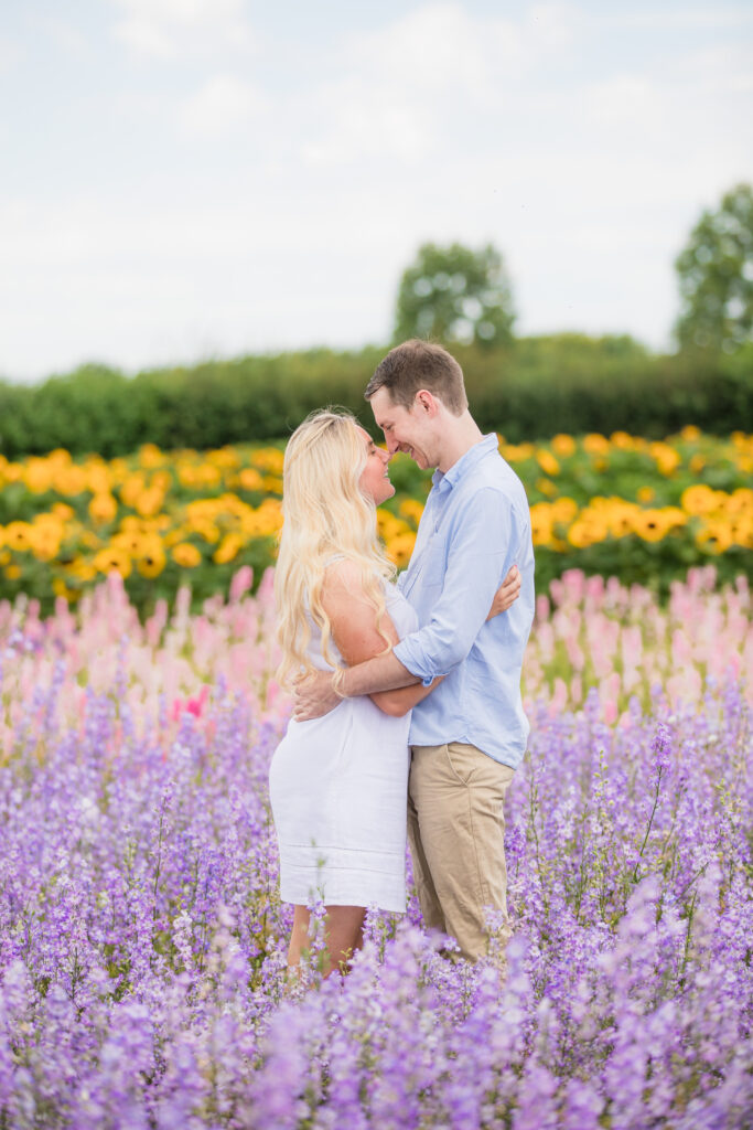 couple hugging and touching noses standing in colourful flower fields