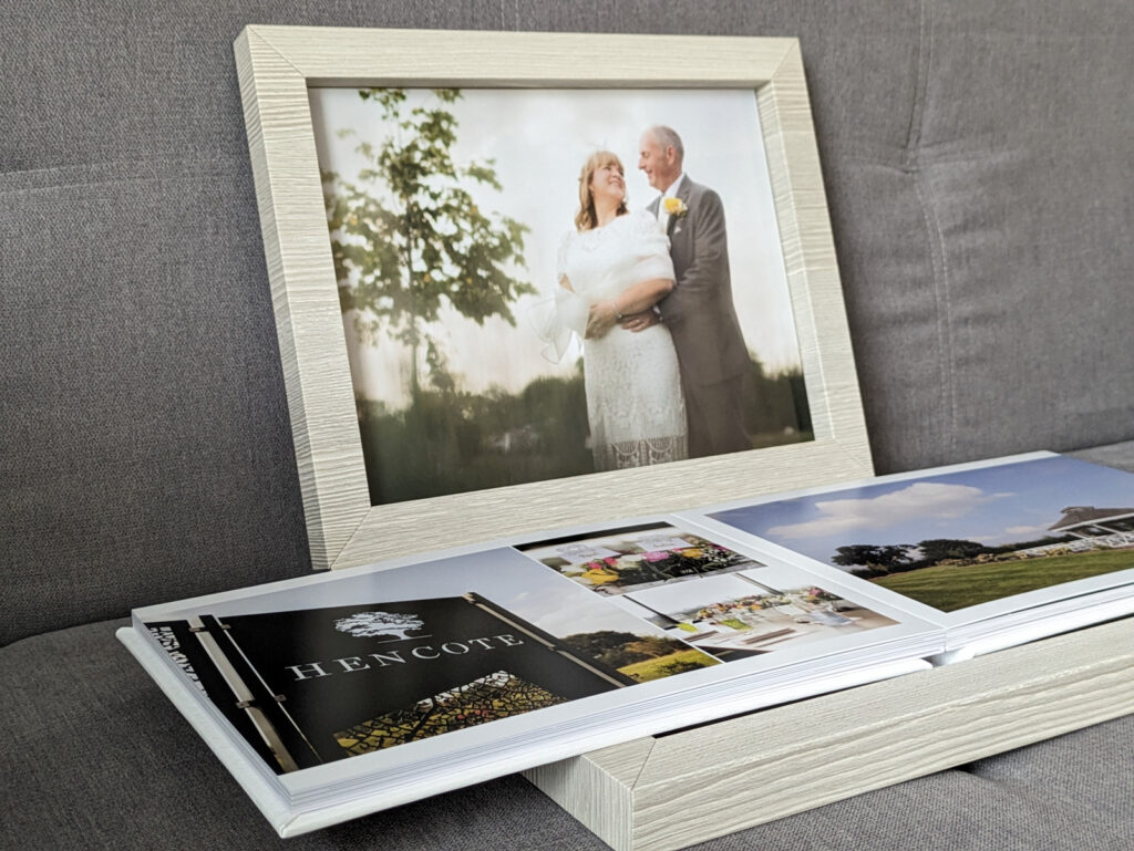 wooden wedding album box with photo of couple inside