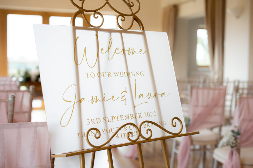 wedding day sign at bordesley park with blush pink decor