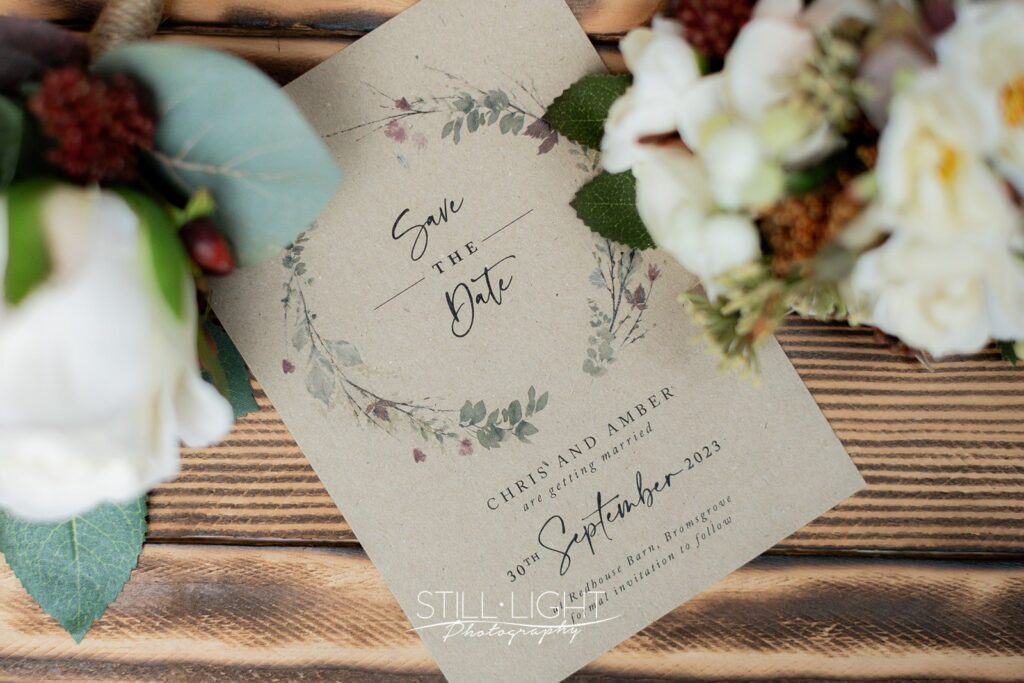 save the date card from rustic autumn wedding day at redhouse barn
