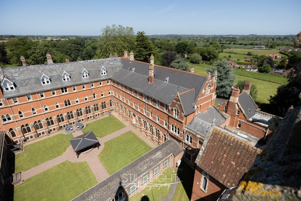 photograph of stanbrook abbey hotel taken from above from bell tower