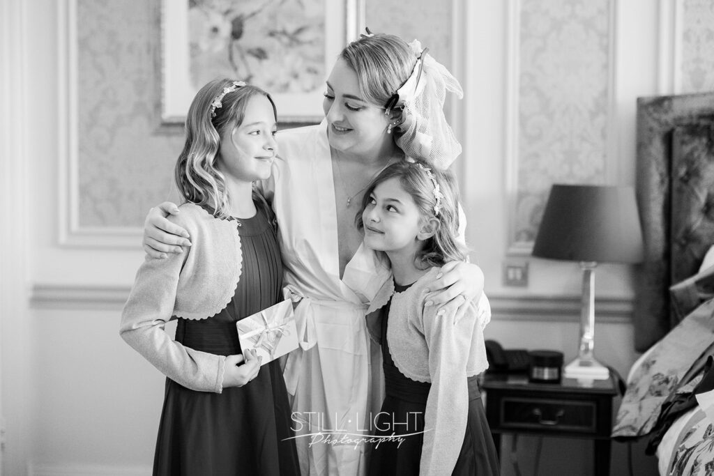bride and flowergirls gettign ready for the wedding ceremony