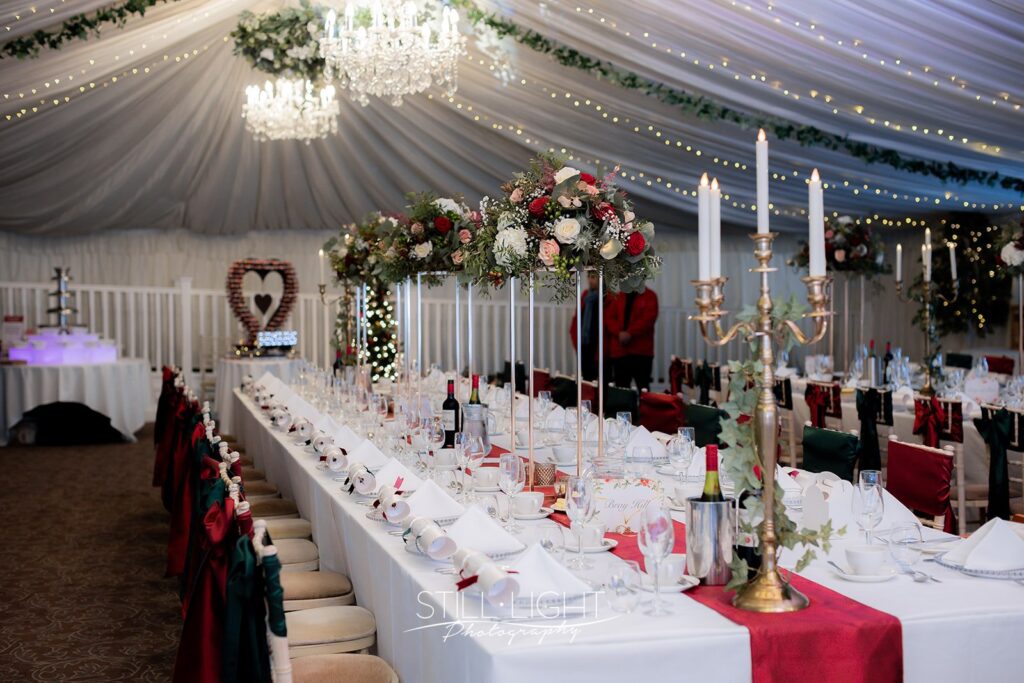 wedding breakfast table setup in the pavillion at stanbrook abbey hotel on winter wedding day
