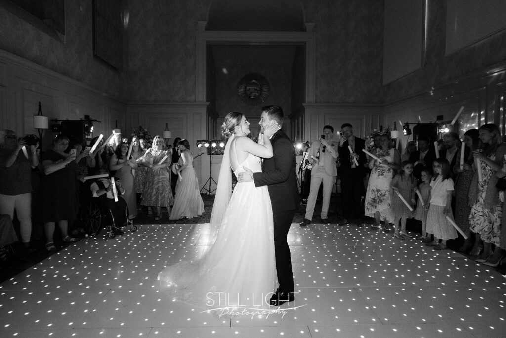 bride and groom during first dance at stanbrook abbey wedding