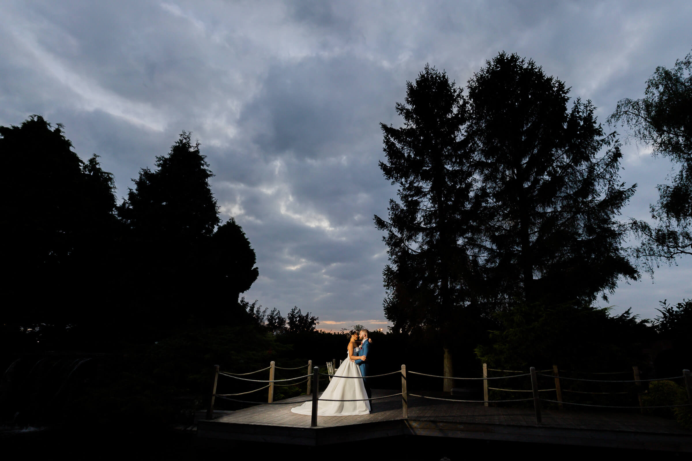 couple in wedding attire standing against dramatic cloudy sky and trees