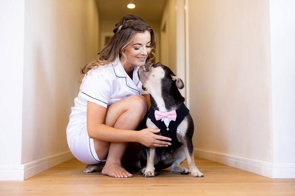 bride wearing white pajamas on morning of her wedding kneeling down with her french bulldog
