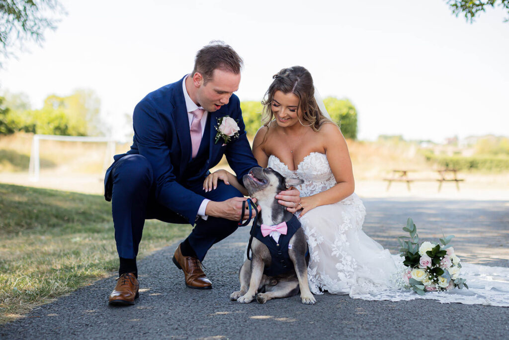bride and groom with their french bulldog at wootton park, a dog friendly wedding venue