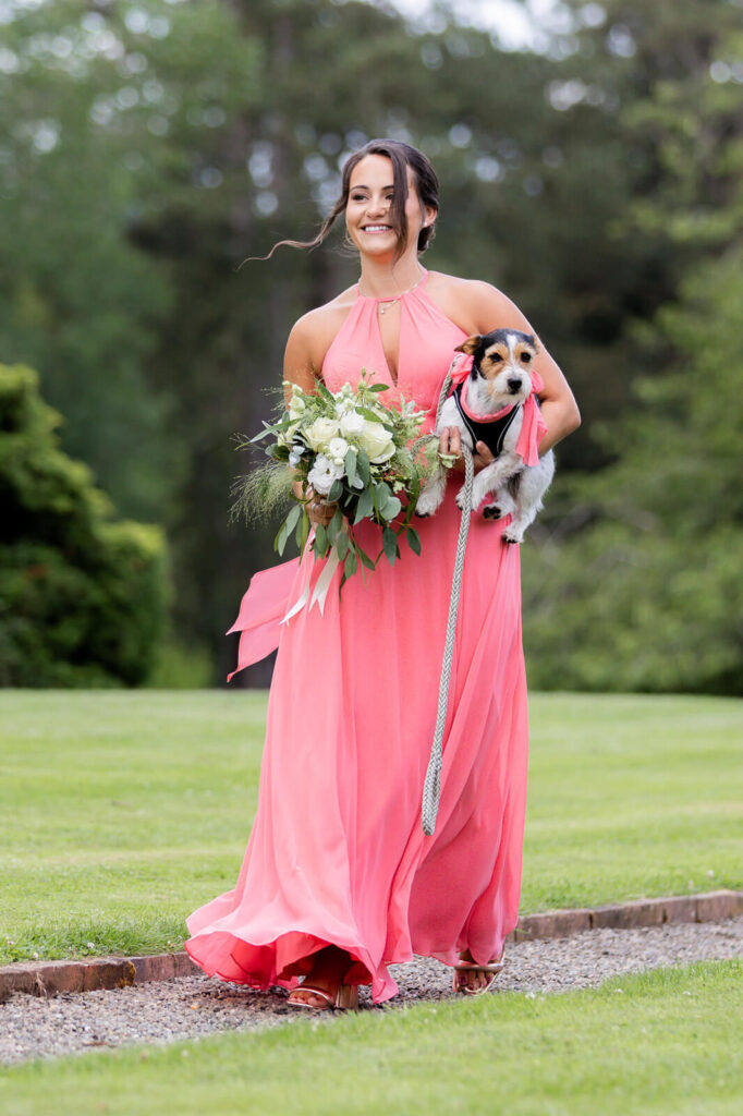 bridesmaid in pink dress walks down the aisle outdoors at Hopton Court holding a little dog